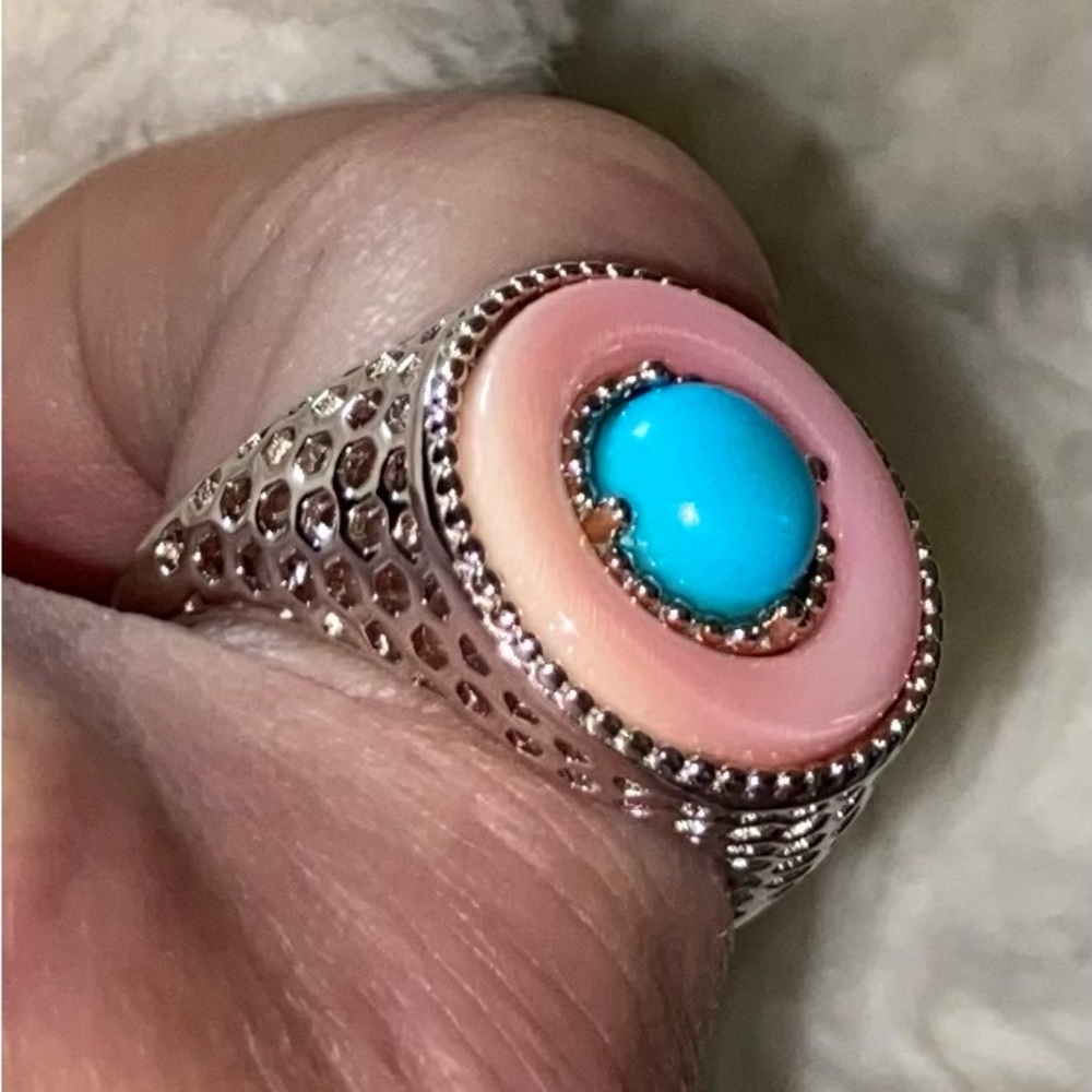 NWT Sleeping Beauty Turquoise & Pink Mother of Pearl Ring in .925 Sterling - Picture 8 of 8
